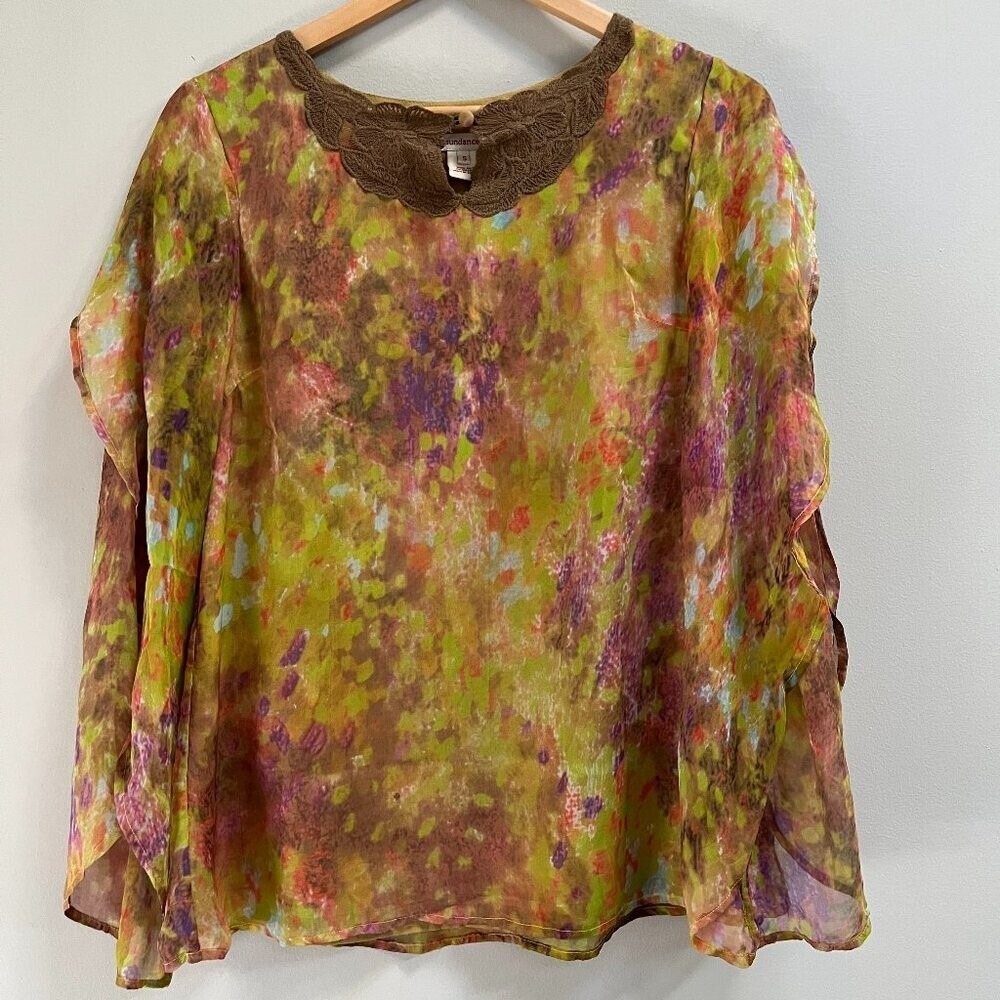 Sundance 100% Silk Floral Blouse Crochet‎ Collar Yellow Small